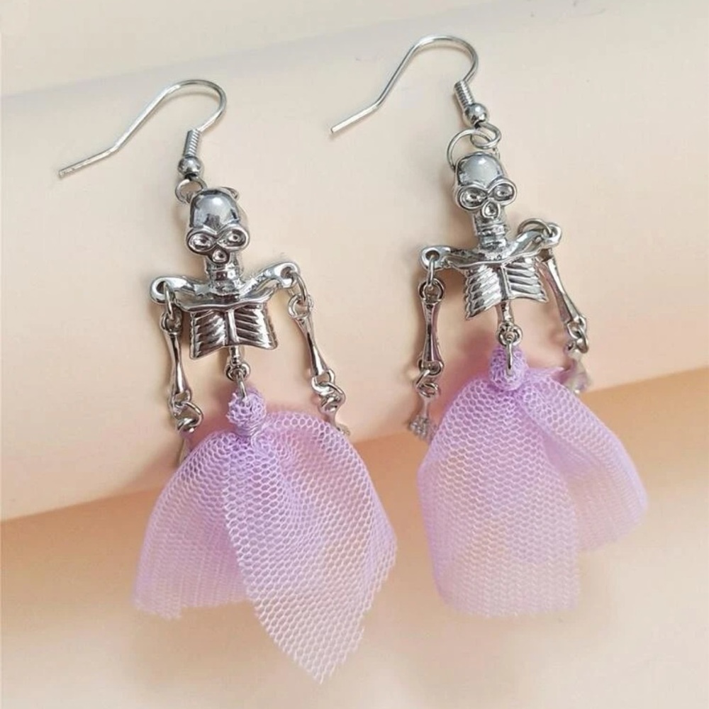 💀 Awesome Skeleton Pastel Mesh Skirt Drop Earrings 💀